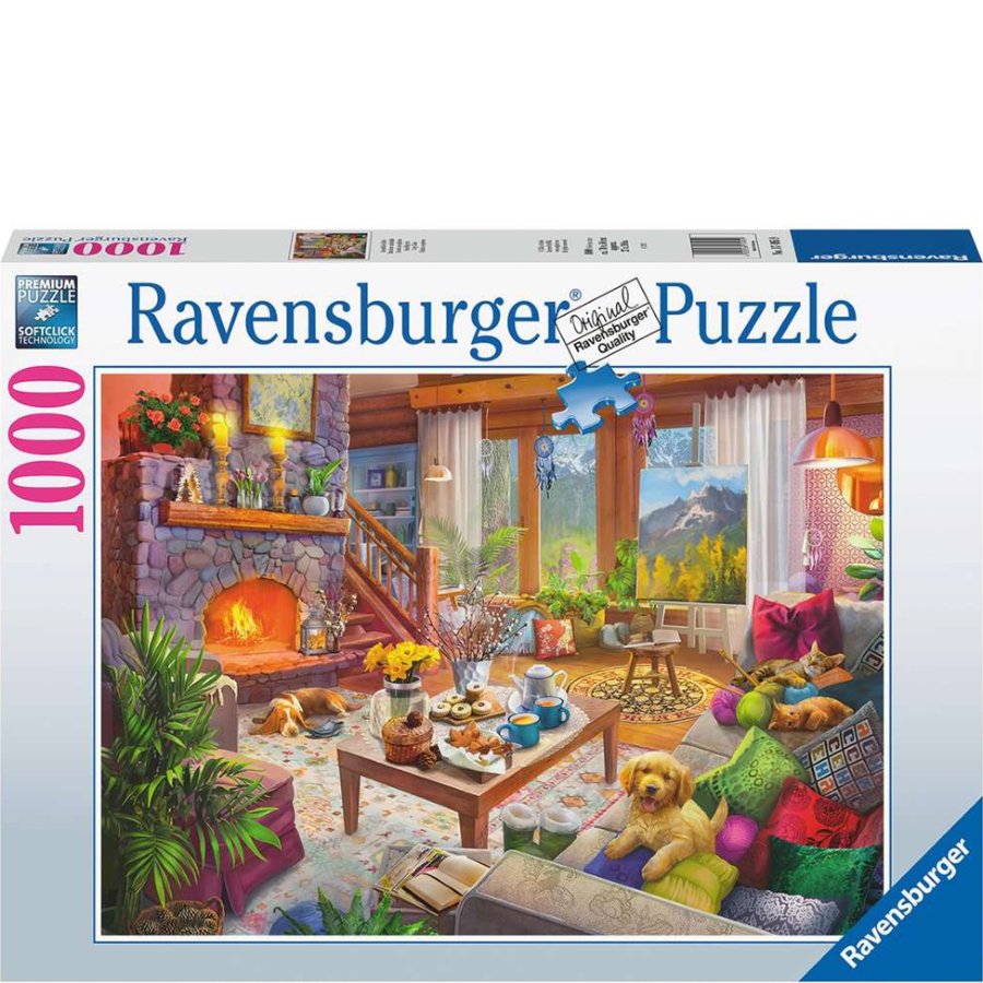 Ravensburger puzzle box with a cozy living room scene and fireplace.