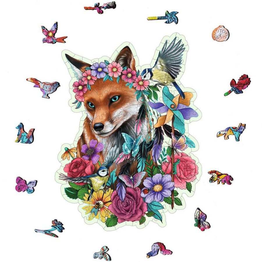 Sticker of a fox with floral and butterfly design on a white background