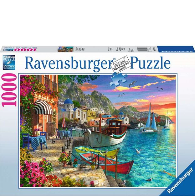 Ravensburger puzzle box with a scenic coastal village design.