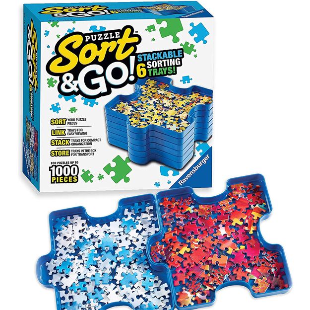 Puzzle Sort & Go packaging with sorting trays and puzzle pieces on a white background