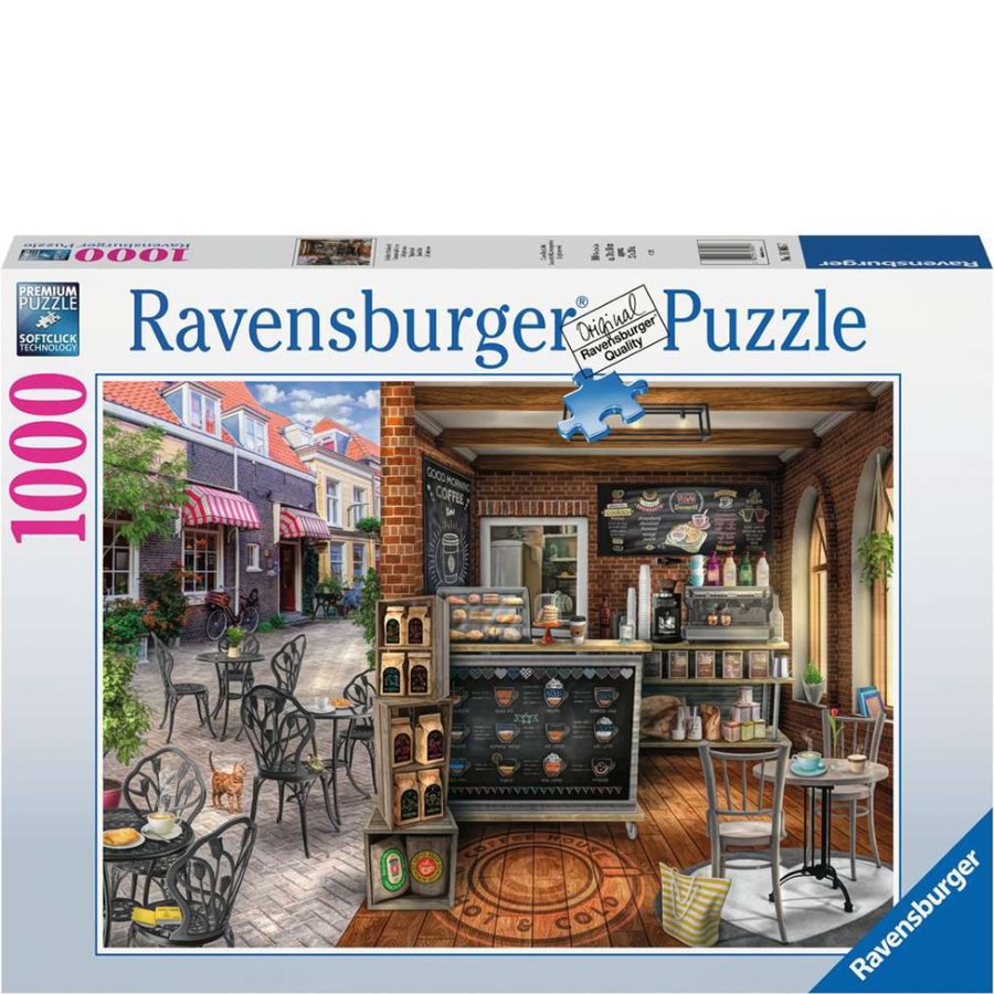 Ravensburger puzzle box with a coffee shop scene on the cover