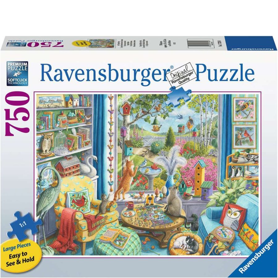 Ravensburger puzzle box with a colorful living room scene and 750 piece count.