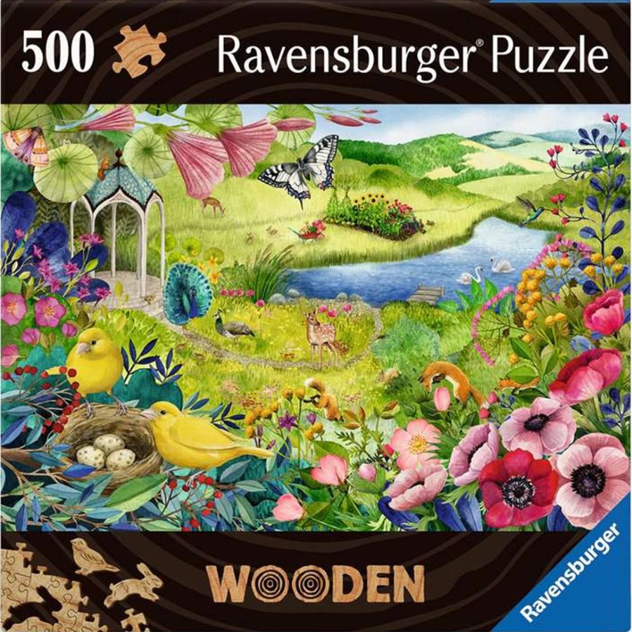 Ravensburger puzzle box with a colorful garden scene featuring flowers, birds, and a pond.