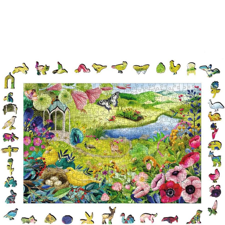 Jigsaw puzzle with garden scene and animal pieces on a white background