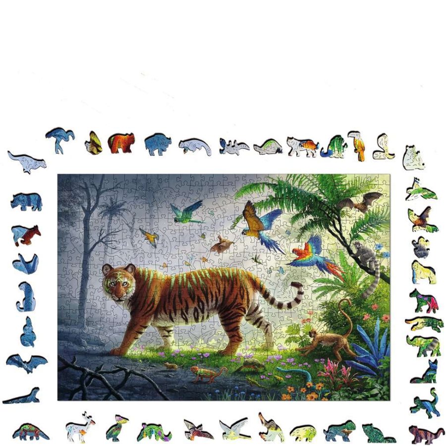 Jigsaw puzzle with a tiger in a jungle scene and unpuzzled pieces featuring various animals.