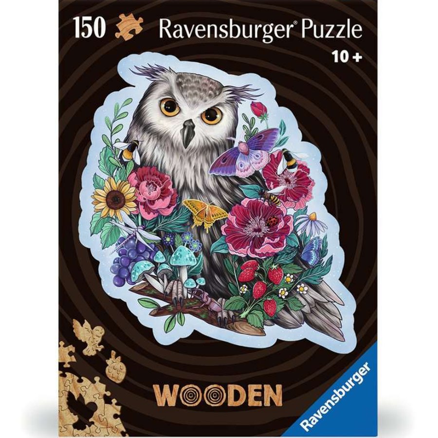 Ravensburger puzzle packaging with an owl and floral design on a black background