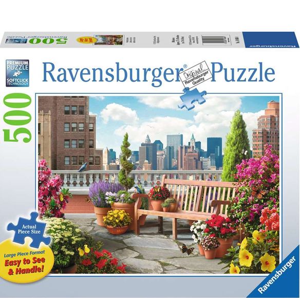 Ravensburger puzzle box with a cityscape and garden scene