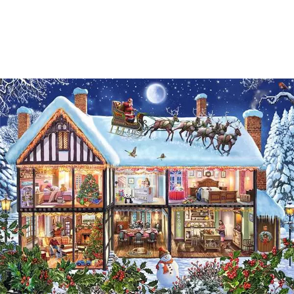 Illustration of a snowy house with Santa Claus in a sleigh above, surrounded by Christmas decorations.