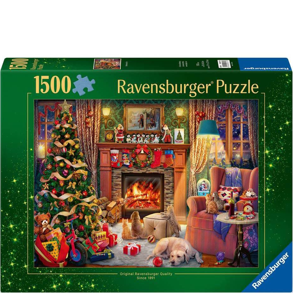 Ravensburger puzzle box with a festive scene featuring a Christmas tree, fireplace, and presents.