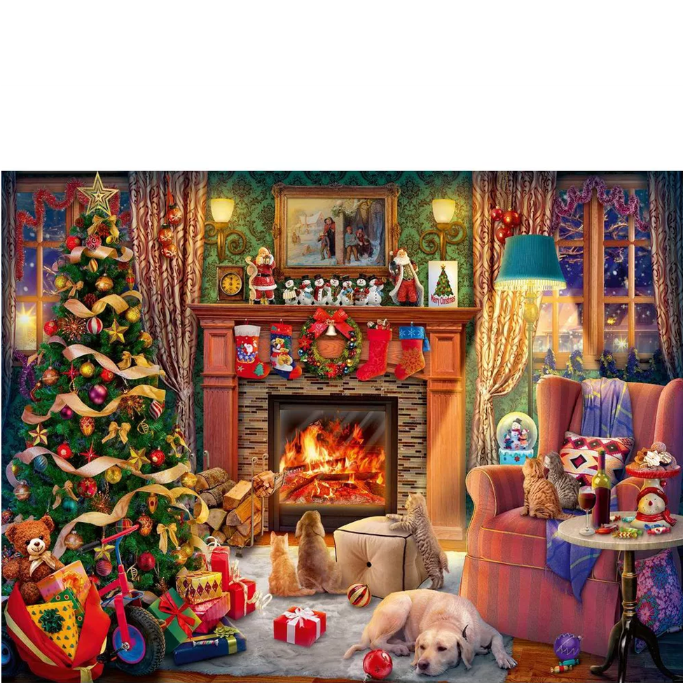 Cozy living room with Christmas decorations, including a tree, fireplace, and presents.