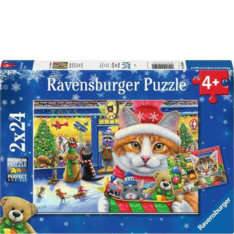 Ravensburger puzzle box with a cat in a Christmas hat and toy store scene