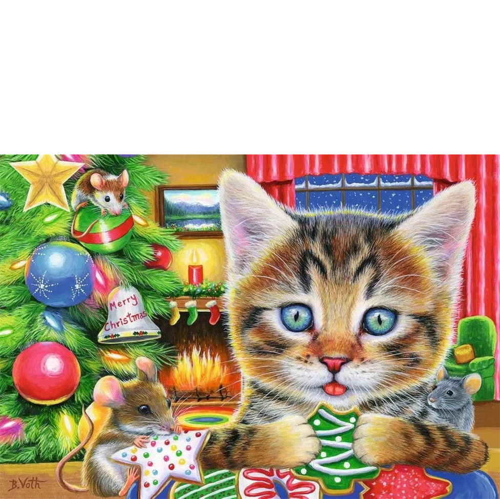 Illustration of a kitten with Christmas decorations and mice around a fireplace.