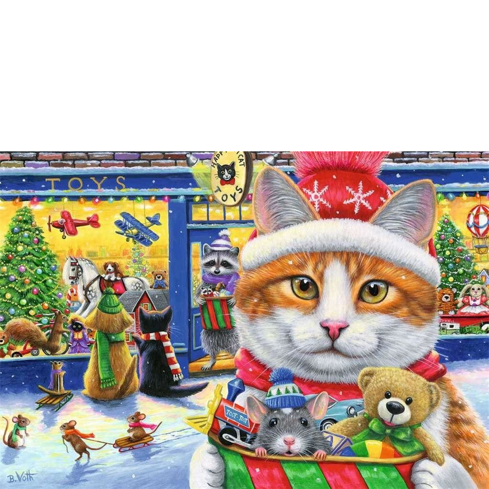 Cat in a festive scene with toys and Christmas decorations