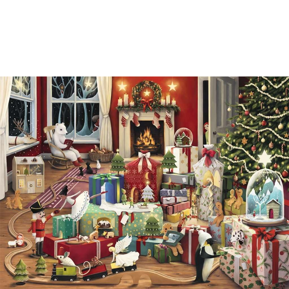 Christmas-themed room with decorations, presents, and a fireplace.