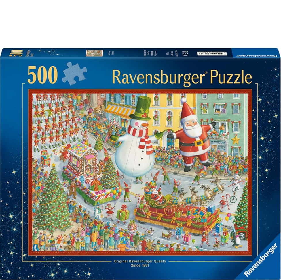 Ravensburger puzzle box with Santa Claus and snowman design on a blue background