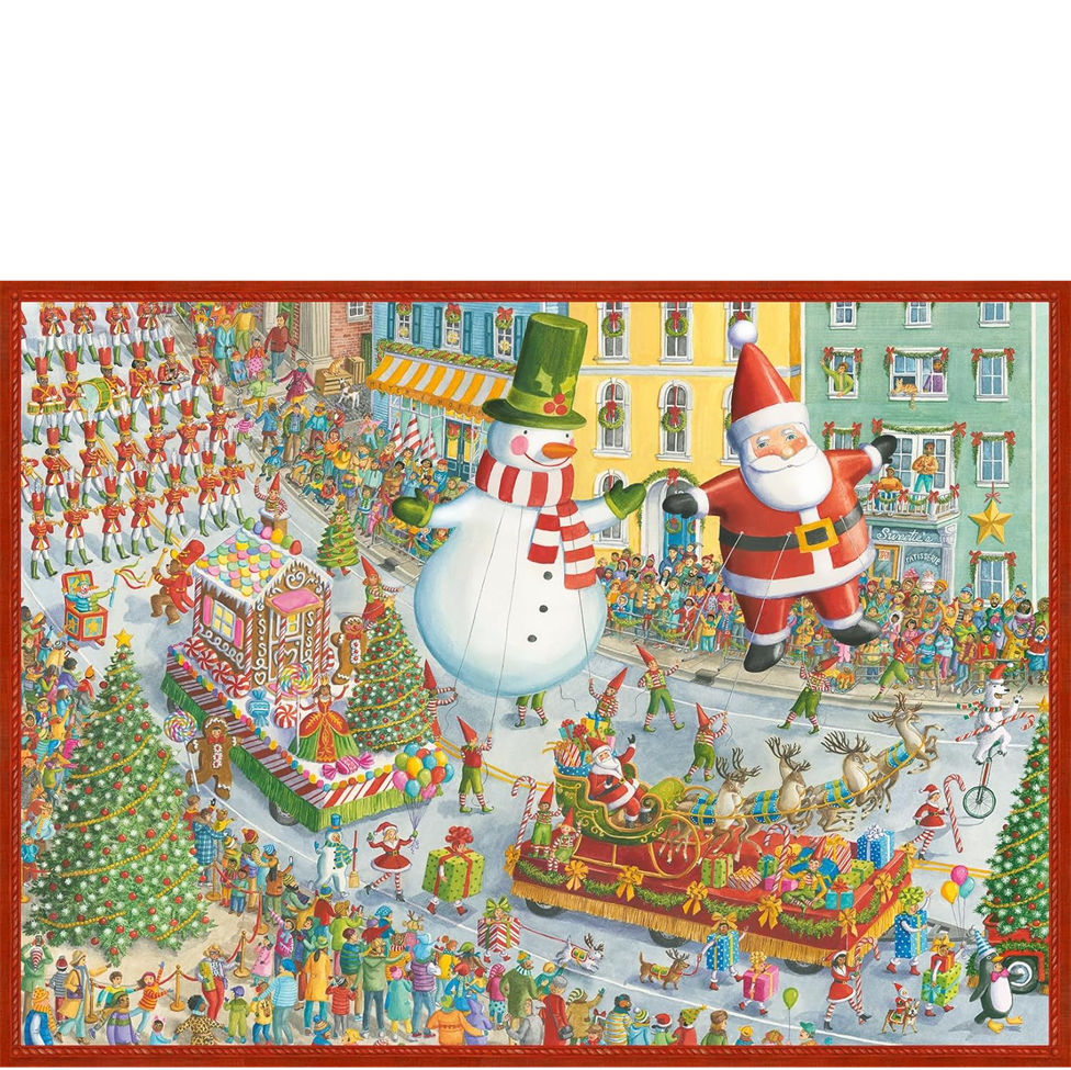 Christmas scene with Santa Claus and snowman in a parade, surrounded by festive decorations and people.