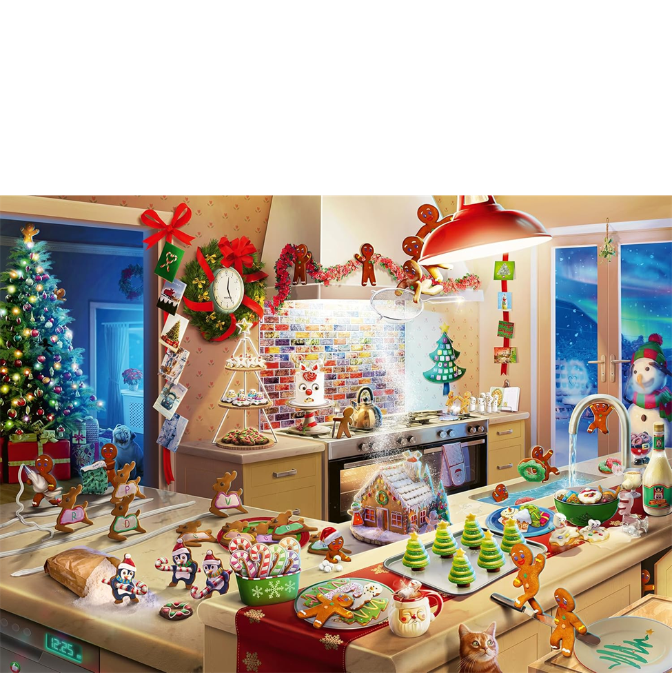 Decorative kitchen scene with Christmas-themed decorations and gingerbread figures.