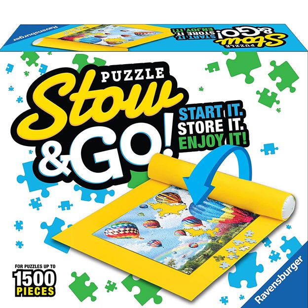 Ravensburger Puzzle Stow & Go packaging with puzzle roll and colorful design