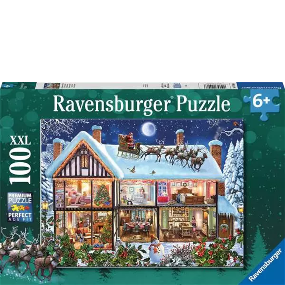 Ravensburger puzzle box with a festive house scene and sleigh, featuring the Ravensburger logo.