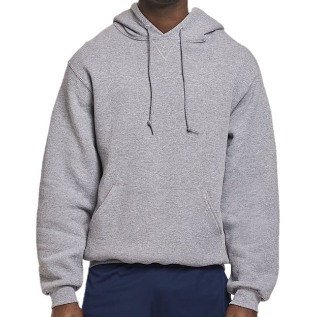 Person wearing a gray hoodie on a white background