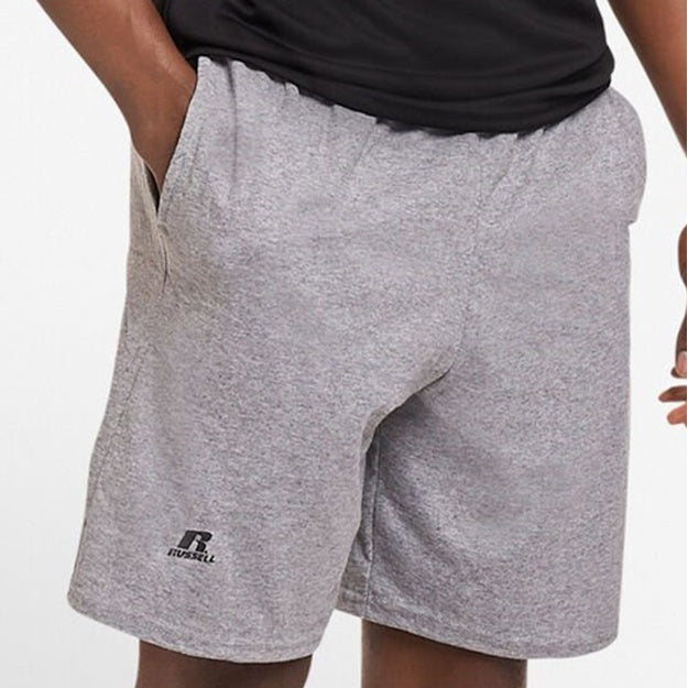 Gray shorts with a brand logo on a white background