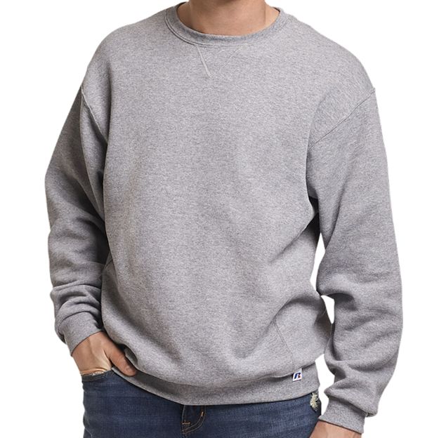 Gray sweatshirt worn by a person on a white background