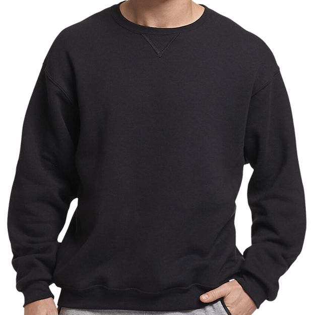 Black sweatshirt worn by a person on a white background