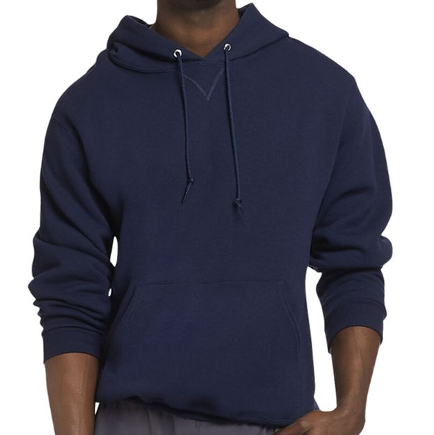 Navy blue hoodie worn by a person on a white background