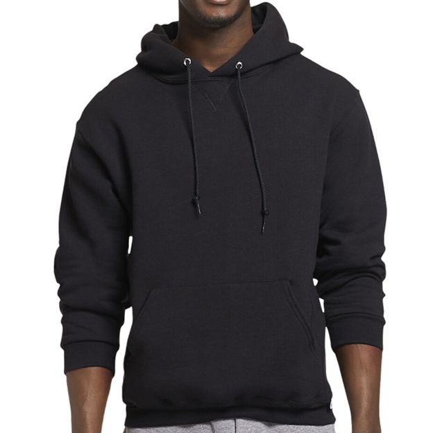 Black hoodie worn by a person on a white background