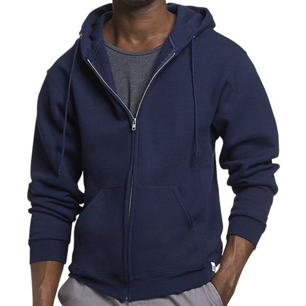 Navy blue hoodie worn by a person on a white background