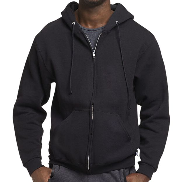 Black hoodie worn by a person on a white background