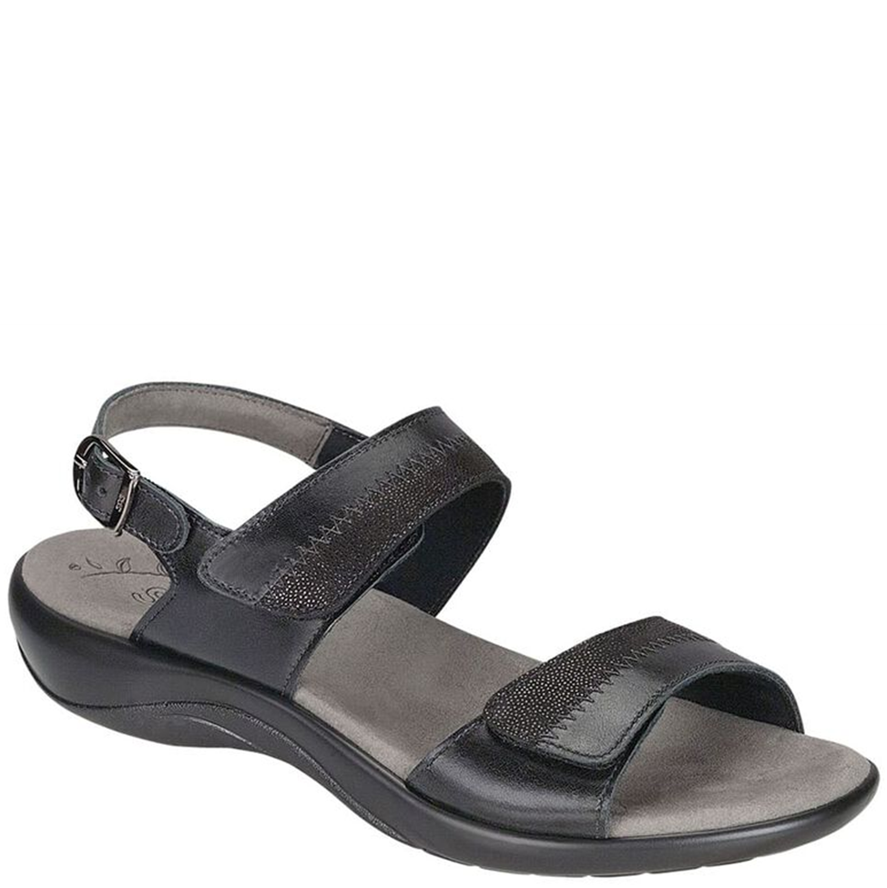 Black sandal with multiple straps on a white background
