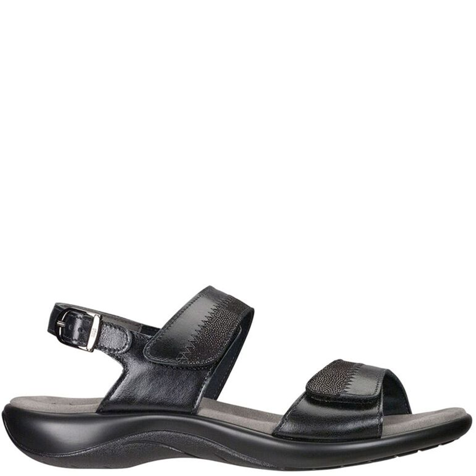 Black sandal with multiple straps on a white background