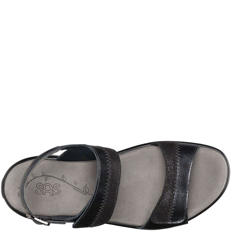 Black sandal with a visible brand logo on a white background