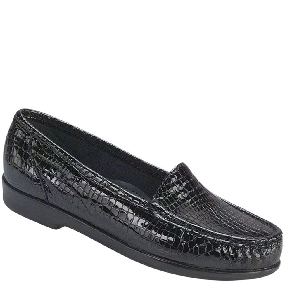 Black crocodile-patterned loafer shoe on a white background