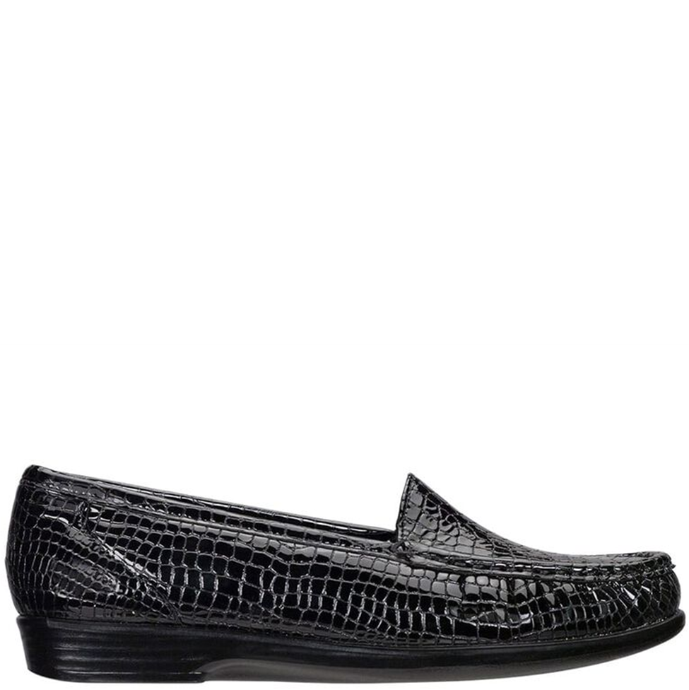 Black crocodile-patterned loafer shoe on a white background