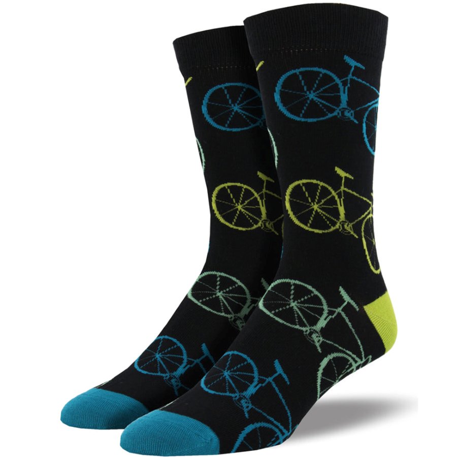 Black socks with bicycle pattern on black background