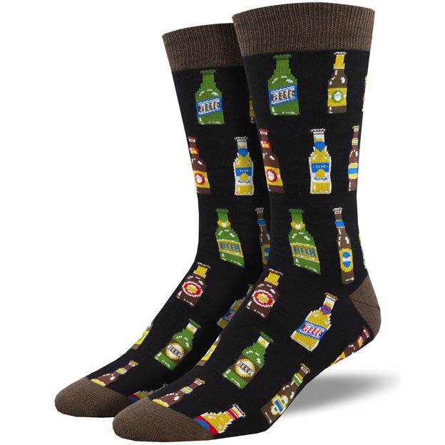 Black socks with beer bottle pattern on black background