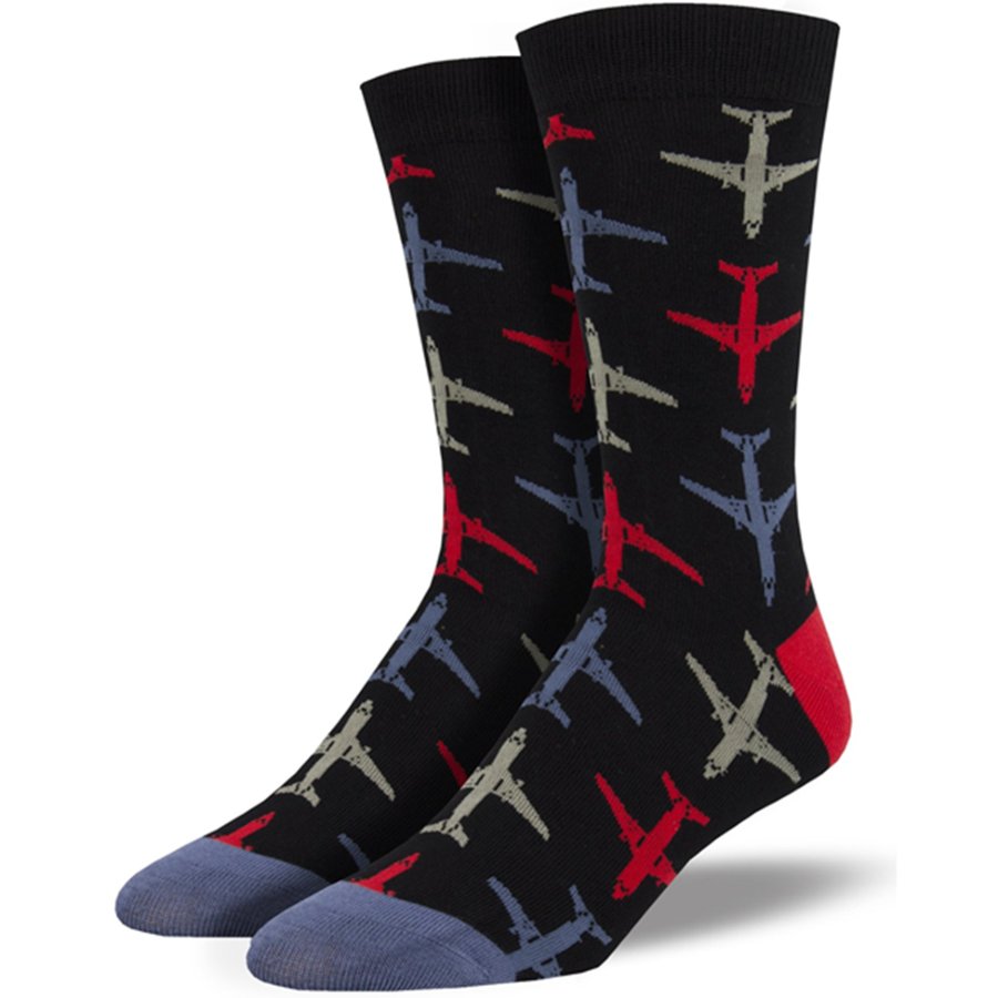 Black socks with airplane pattern on a white background