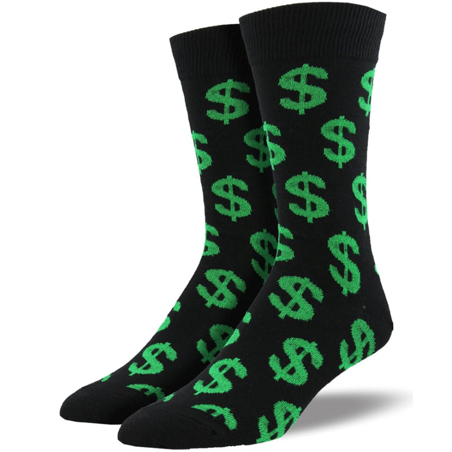 Black socks with green dollar sign pattern on a white background
