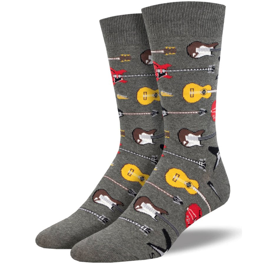 Gray socks with guitar pattern on a white background