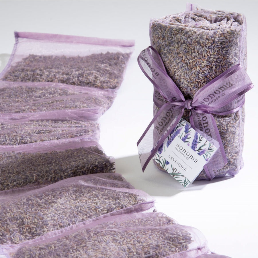 Packaged lavender products with a branded label on a white background