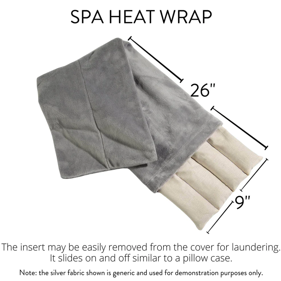 Gray spa heat wrap with dimensions and text on a white background