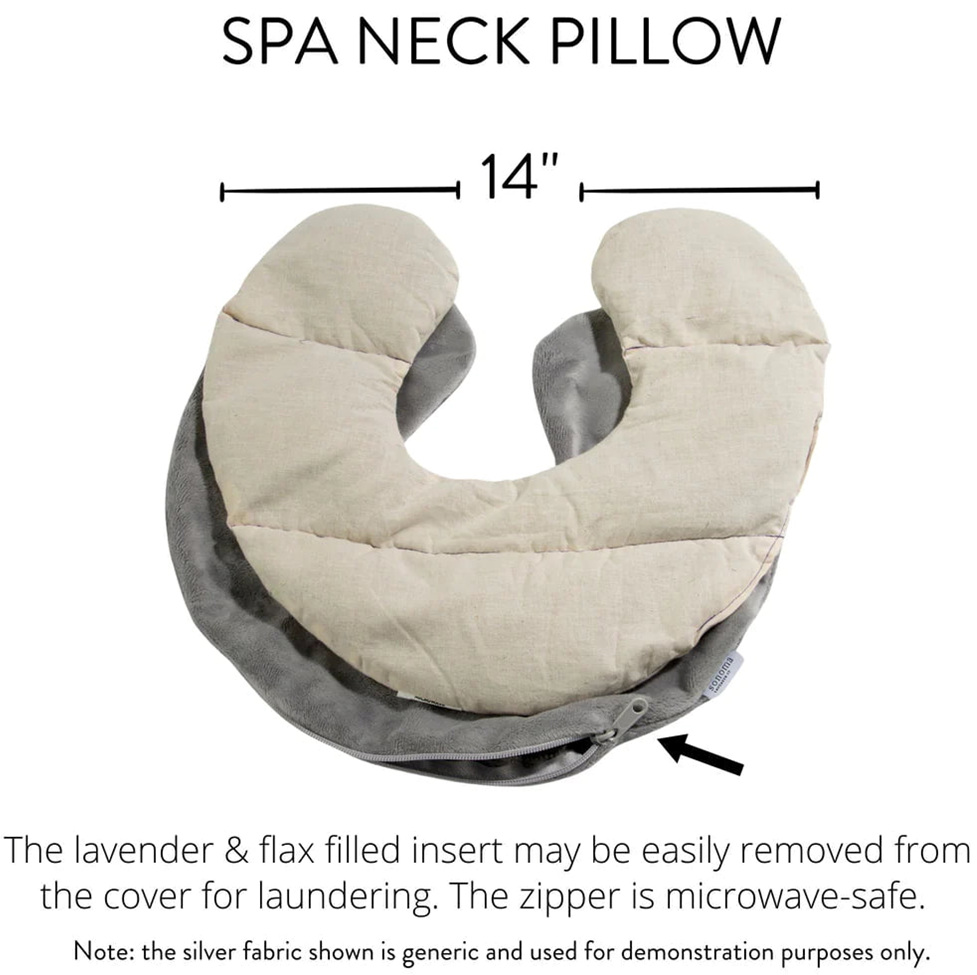SPA neck pillow with dimensions and lavender/flax filling information on a white background