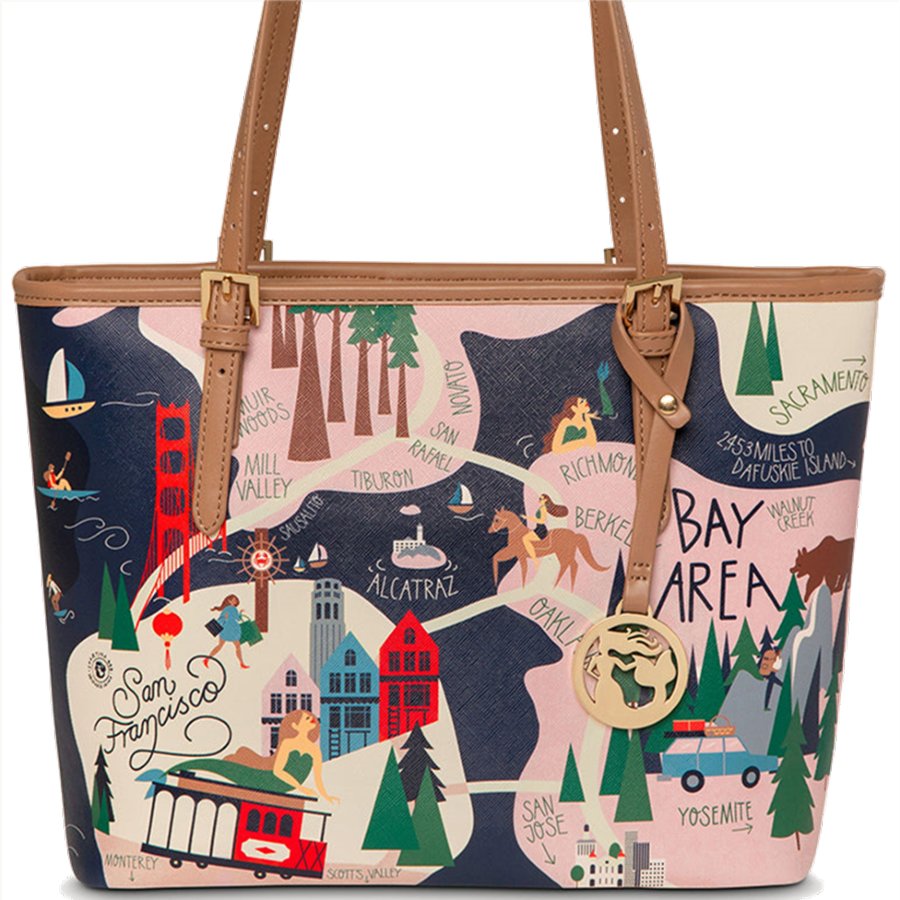 Tote bag with Bay Area map design featuring landmarks and illustrations.