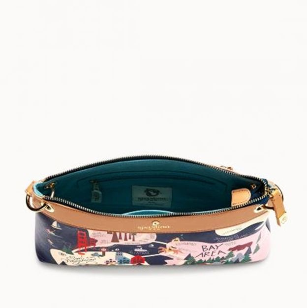 Floral-patterned pouch with a visible brand logo on a white background