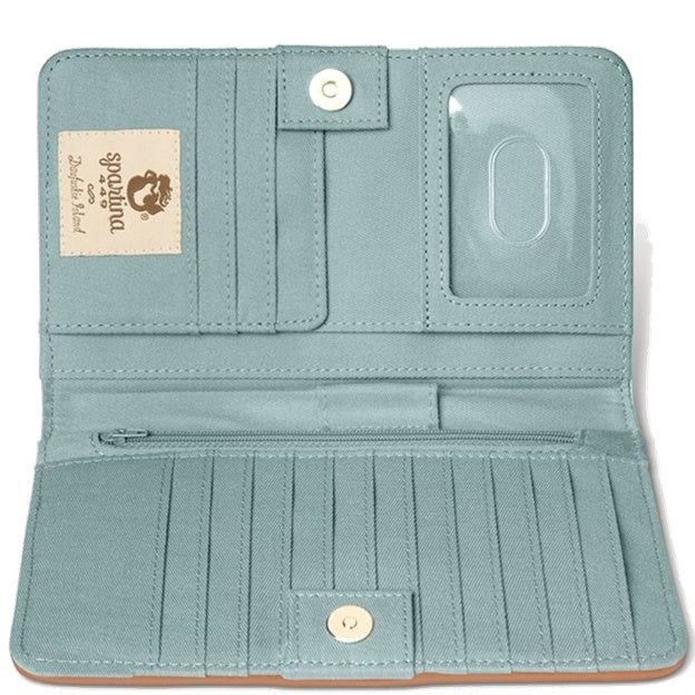 Open teal wallet with card slots and a coin pocket on a white background