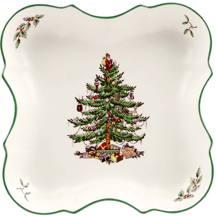 Decorative plate with a Christmas tree design on a white background