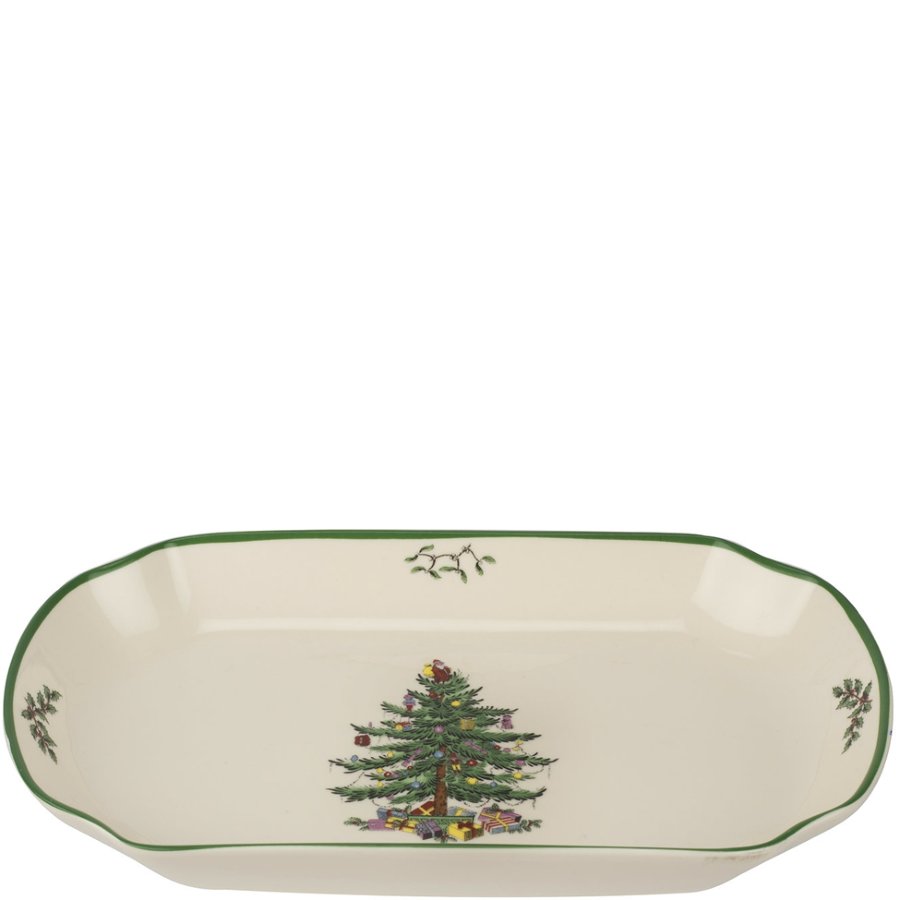 Rectangular ceramic dish with Christmas tree design on a white background