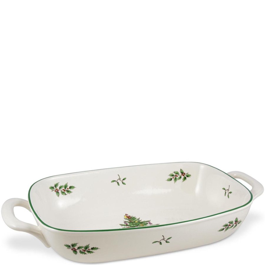 Rectangular ceramic dish with holly berry pattern on a white background